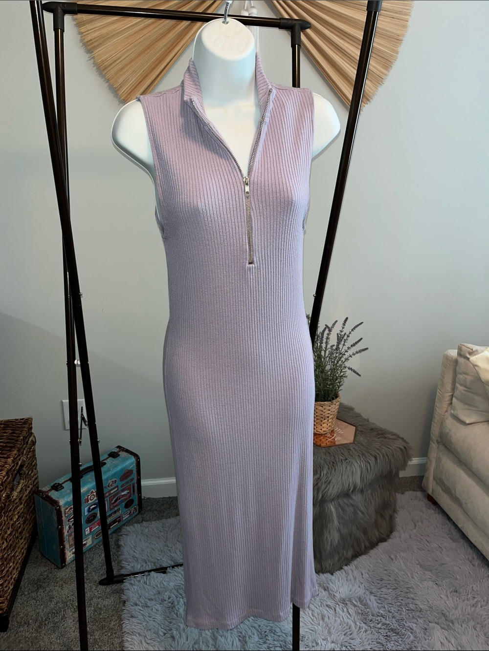 Zara Lavender Ribbed Sleeveless Maxi Dress with Zip Collar